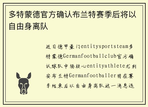 多特蒙德官方确认布兰特赛季后将以自由身离队 多特蒙德官方确认布兰特赛季后将以自由身离队